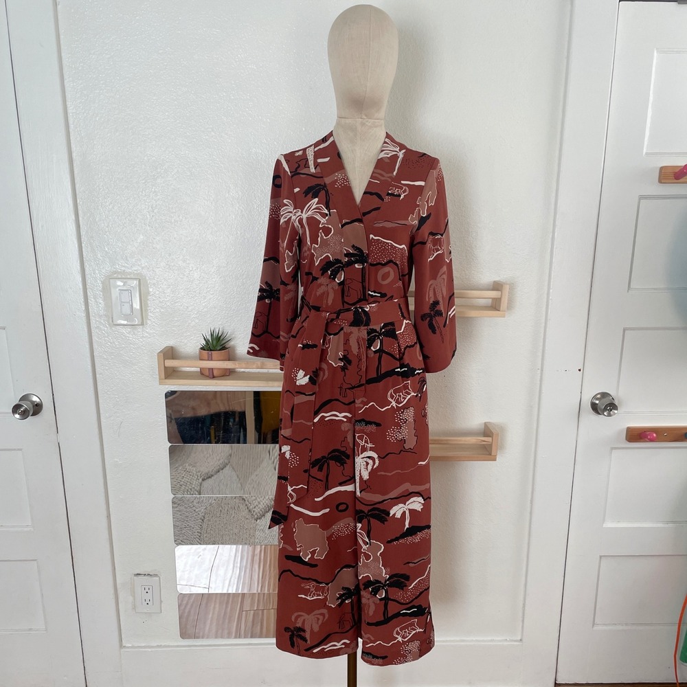 Monki Burnt Orange Tropical Safari Print Wrap Jumpsuit Culotte Belted